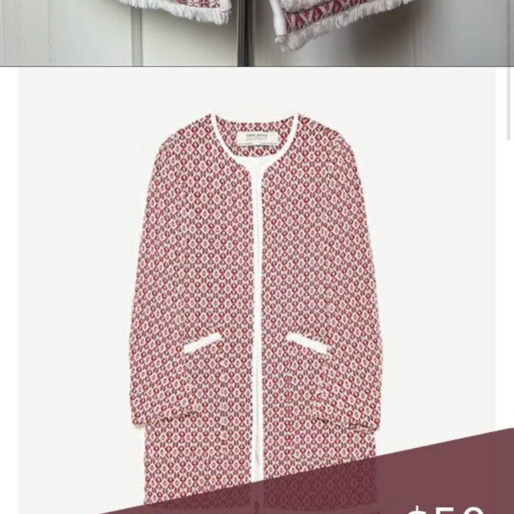 Zara That Coat frayed red white diamond boucle